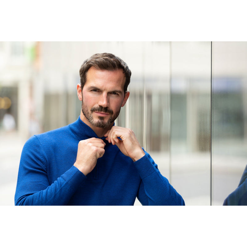 Cobalt blue merino wool quarter zip sweater