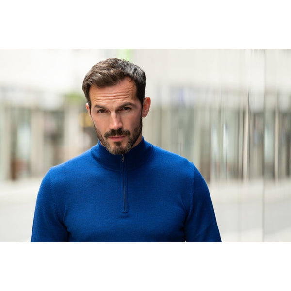 Cobalt blue merino wool quarter zip sweater