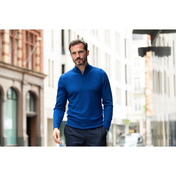 Cobalt blue merino wool quarter zip sweater
