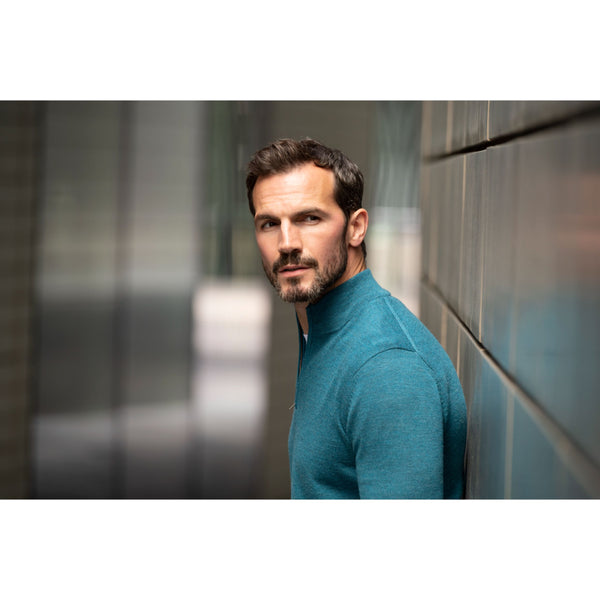 Teal merino wool quarter zip sweater